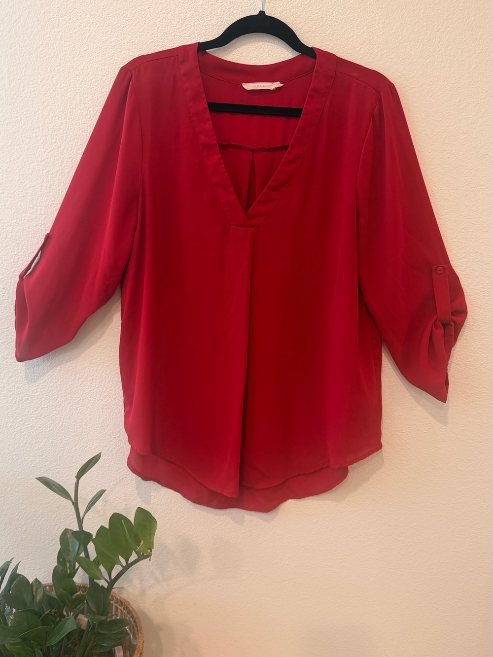 Lush Red V-Neck Roll-Tab Sleeve Blouse